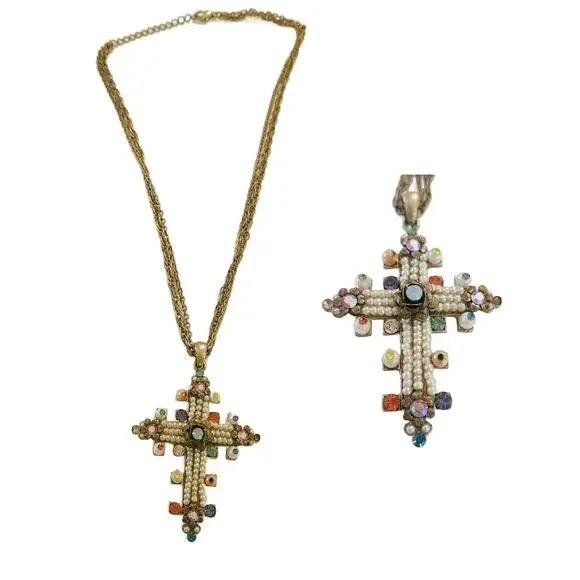 Vintage Cross Necklace with Crystals, Pearls and Rhinestones - Picture 1 of 11